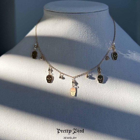 18K Yellow Gold Plated Skull Charm Choker Necklace - 17.5" - Picture 3 of 4